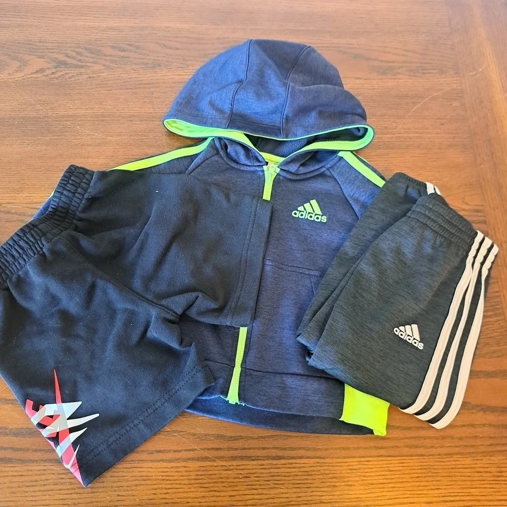 Adidas Boys 3 Piece Set Hoodie Joggers Shorts Navy Neon Green 2T